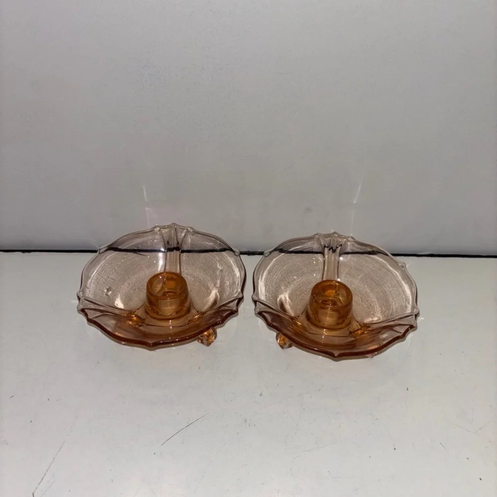 VINTAGE PINK FOSTORIA DEPRESSION GLASS CANDLESTICK HOLDERS, TRI-FOOTED
